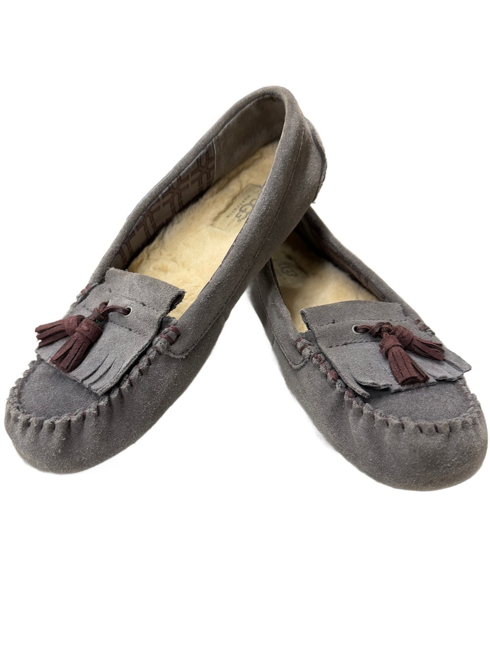 UGG Gray Suede Tassel Moccasins with Brown Tassels